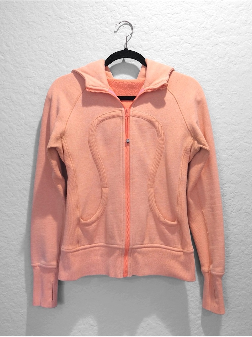Lululemon Scuba Hoodie Full Zip Size 6 Peach Embroidered Thumbholes Pockets